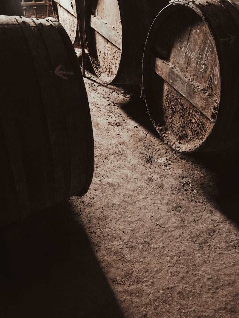 A zoom on a floor in a cave, barrels in perspective